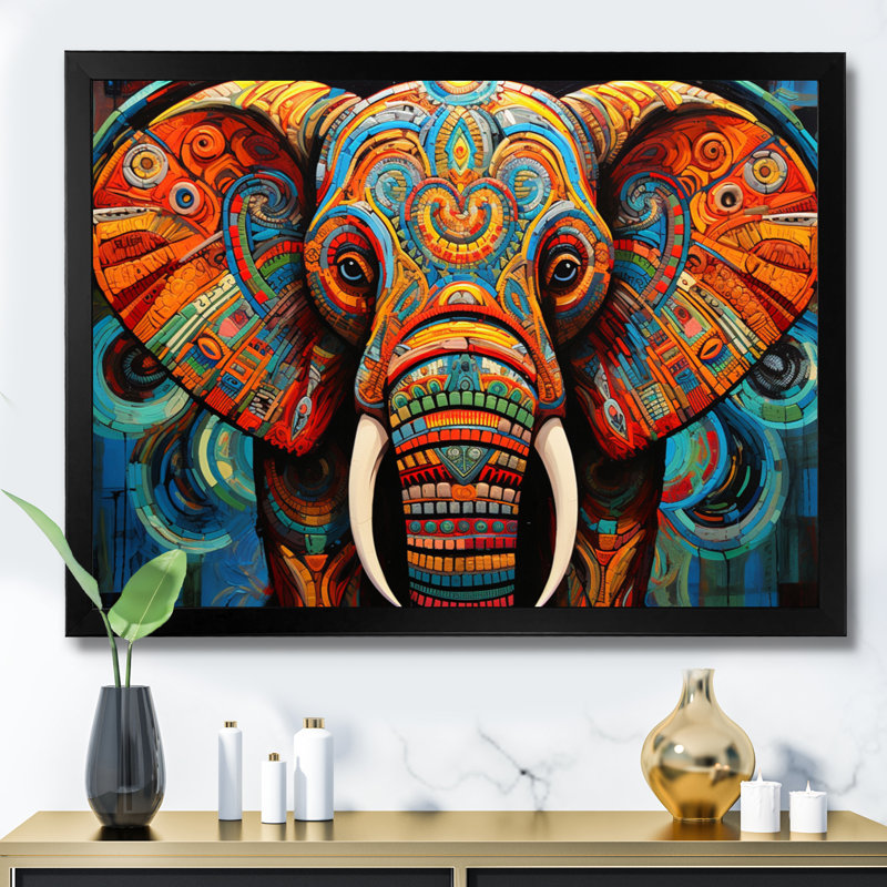 Éléphant Tribal Majesty - Éléphant, art mural, H 12 po x l 20 po x P 1 po, Cadre photo noir