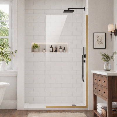 Panneau de verre de douche 34 po x 74 po, verre trempé transparent de 3/8 po (10 mm), écran de douche fixe semi-sans cadre, panneau de verre simple avec revêtement double face facile à nettoyer, porte de douche à l'italienne pour salle de bain, doré