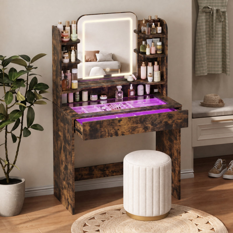 Petite table de coiffeuse avec plateau en verre trempé, miroir à 3 couleurs DEL et tiroir intelligent RVB, application et télécommande, mode pulsation musicale de plus de 6 000 couleurs
