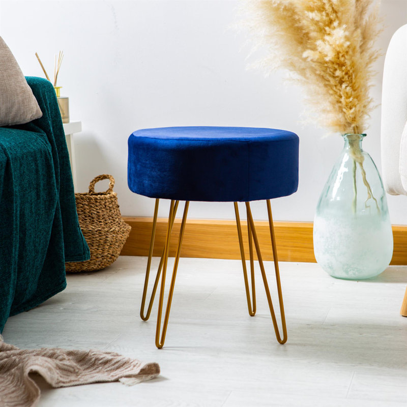 Harbour Housewares - Round Velvet Footstools, Blue, Blue