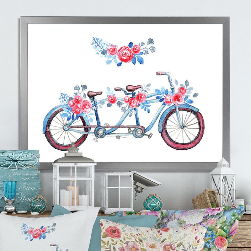 " Tandem Bicycle " Painting Print, Silver Closed Corner Frame, 30" H x 40" W x 1.5" D