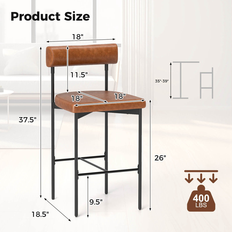 26" Upholstered Bar Stools With Padded Cushion & Backrest Footrest, 2, Brown