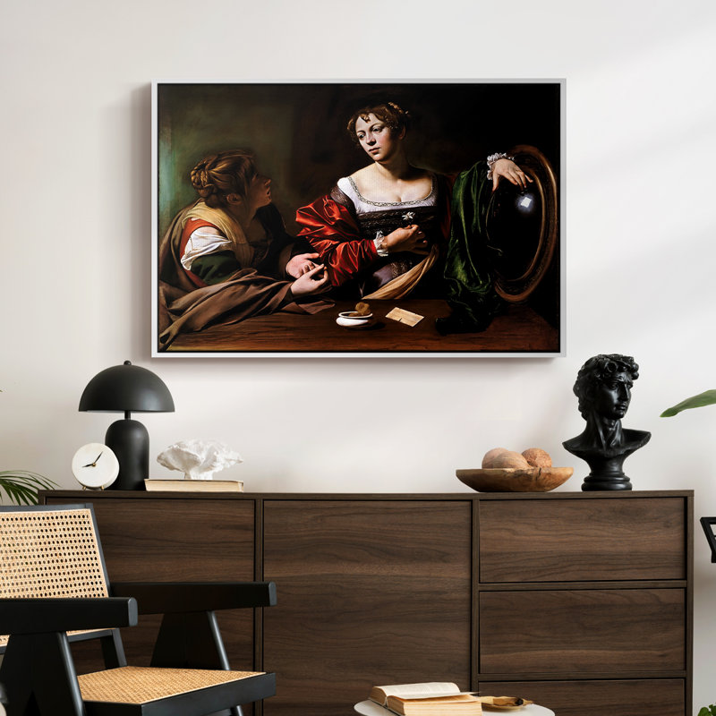 Martha et Mary Magdalene, v. 1598 - Toile tendue avec châssis Caravaggio, 24 po x 36 po, Blanc