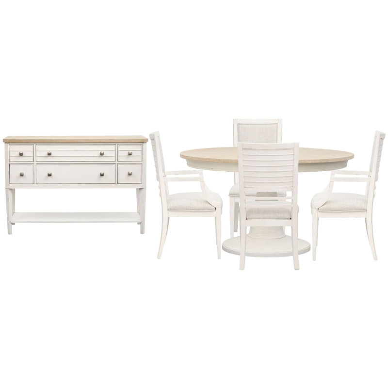 Table de salle à manger extensible ronde 54 "avec 2 chaises d'appoint et 2 chaises, 6 pièces: table, 4 chaises, buffet