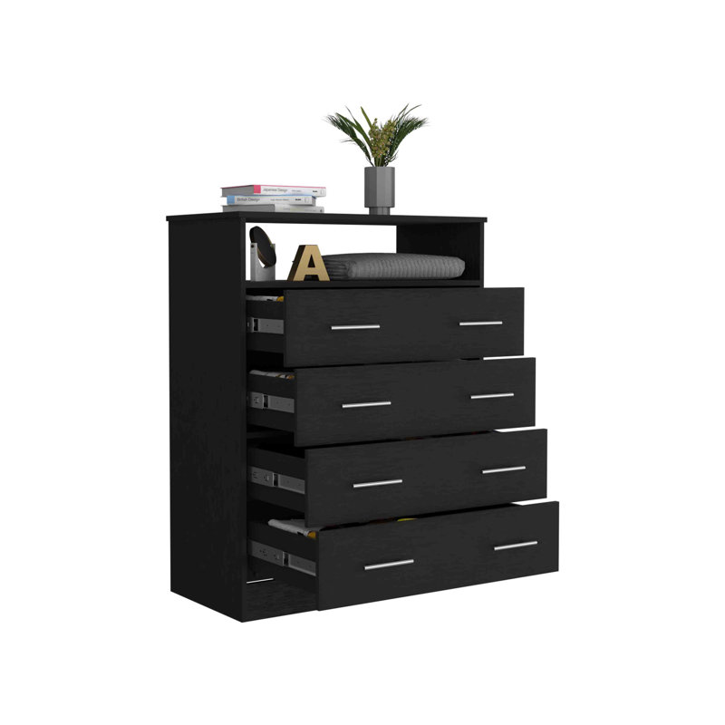 Commode 4 tiroirs Pérou, plateau supérieur, 1 tablette ouverte - noir