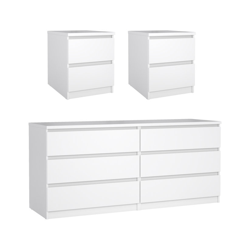 Ensemble de chambre à coucher 3 pièces Yarbrough - commode double 6 tiroirs et ensemble de table de chevet 2 pièces, White