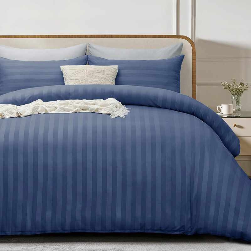 Microfiber Striped Duvet Cover Set with Pillowcases Included, Double Duvet Cover 2 Pillowcases, Navy