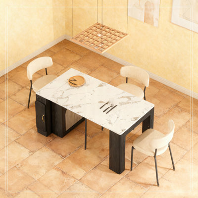 Extendable Dining Table with 3 Removable Middle Leaves, Mobile Rolling Island Table with Power Outlet, Saving-space Cabinet with Storage