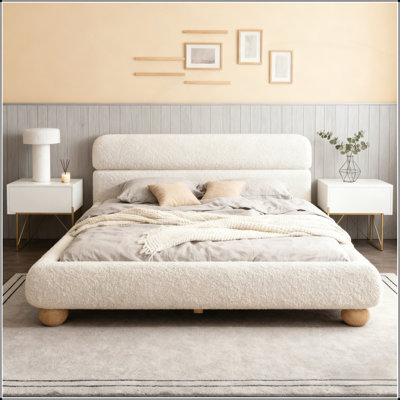 Contemporary Low Profile Upholstered Bed with Teddy Fleece Fabric and Solid Round Legs, Stylish Curve-Shaped Design for Bedroom, Queen Size