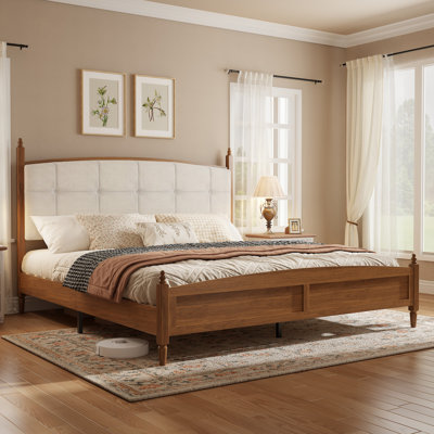 King Size Platform Bed Frame, Vintage Spindle-Style Bed with Solid Wood Support, Walnut Finish
