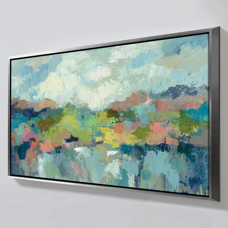 "Abstract Lakeside" par Silvia Vassileva, reproduction sur toile dans un cadre flottant, H 31,5 po x l 51,5 po, Argent argent
