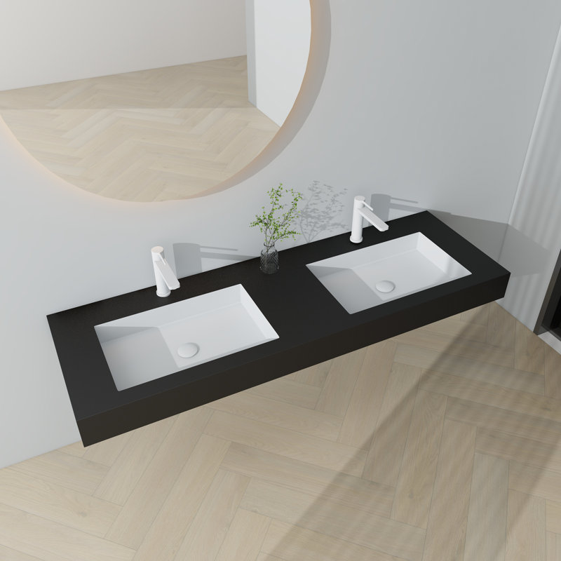 Lavabo de salle de bain double 59 po en résine rectangulaire avec trous pour robinet, Noir