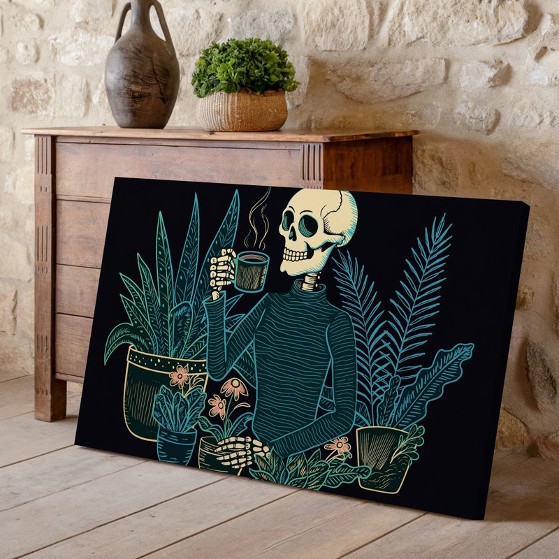 Toile, une scène fantaisiste mettant en vedette un squelette stylisé tenant une tasse d'art café fumant entourée de plantes vertes luxuriantes