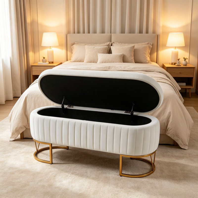 Banc de rangement ovale en velours l 45,6 po avec pieds en métal doré, repose-pieds rembourré