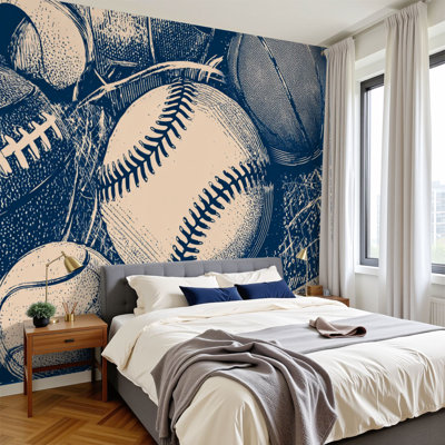 Papier peint pelez et collez, bleu marine, basketball, football, balles de sport, baseball, piqûres murales, H 100 po x l 144 po, papier peint amovible en PVC, adhésif mural pour chambre à coucher, salon, chambre des garçons