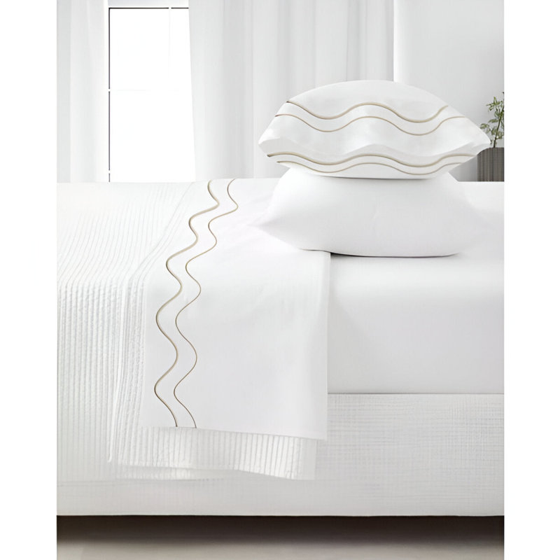 Double Wavy Embroidered Cotton 4 Piece Sheet Set Fitted Sheet Fits Upto 16" Deep Pocket, Taupe Border