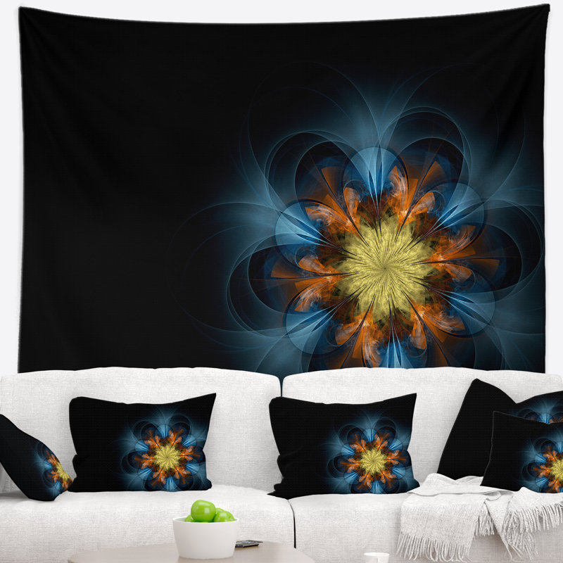 Tapisserie abstraite symétrique bleu orange fleur fractal, H 32 po x l 39 po