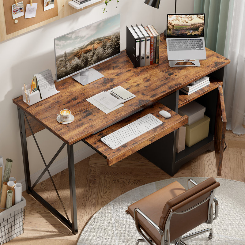 47" Reversible Computer Desk with Cabinet & Keyboard Tray , Industrial Home Office Desk or study desk for Small Spaces with Shelf