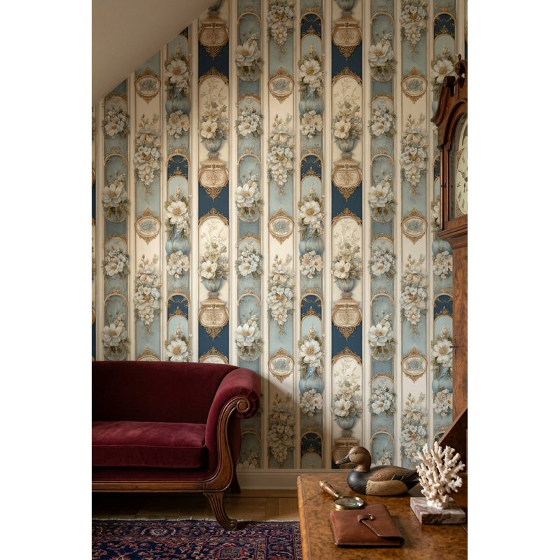 Papier peint à panneaux floraux avec fleurs blanches et volutes dorées, Texturé non collé