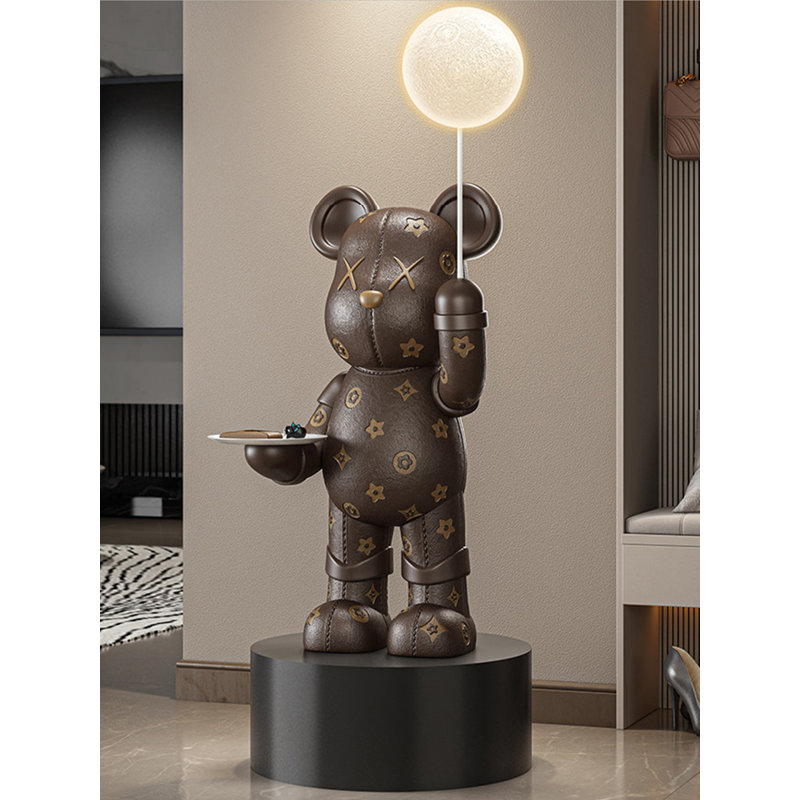 Modern Resin Bear Floor Decor with Tray and Moon Light Home Statue