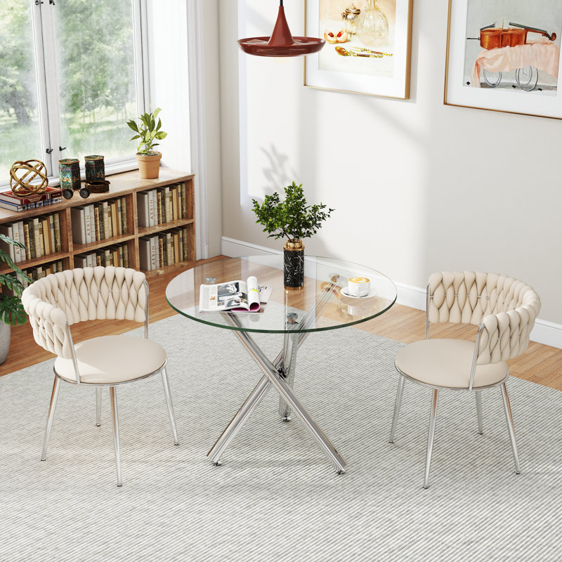 Modern Round Tempered Glass Pedestal Dining Set with Weaven Velvet Dininig Chair, 30" H x 36" W x 36" D, Beige/Silver, Silver