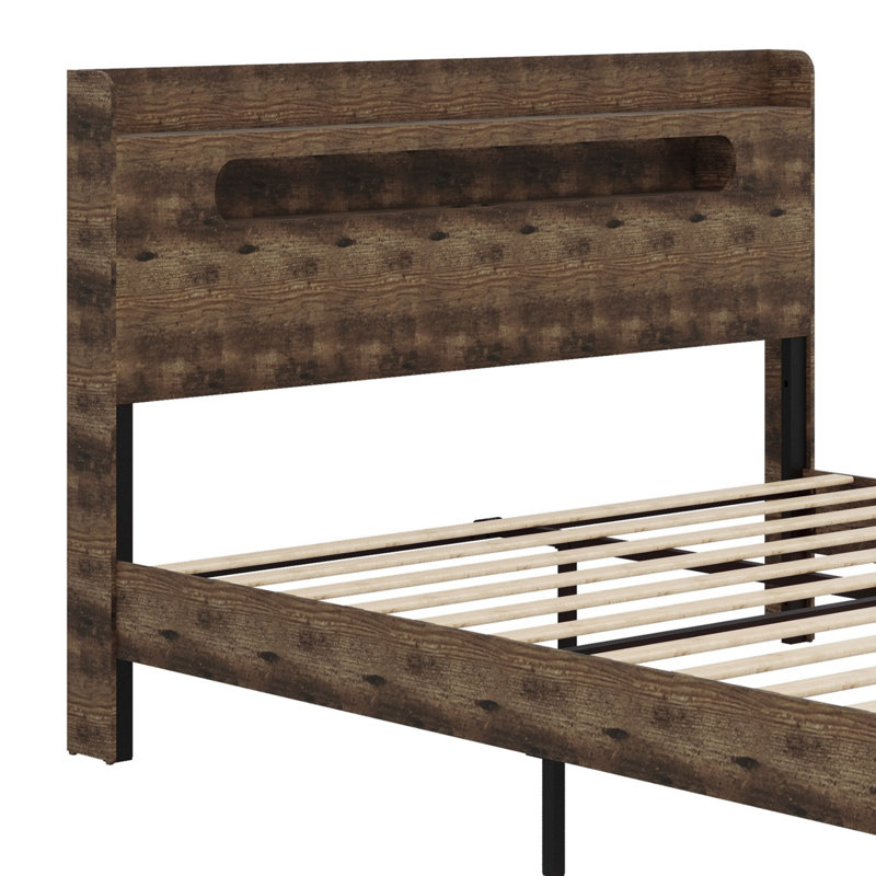 Structure de lit plateforme en bois avec tête de lit à DEL avec rangement et 2 USB, grand rangement sous le lit, Grand