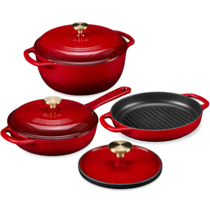 6-Piece Enameled Cast Iron Cookware Set, Red