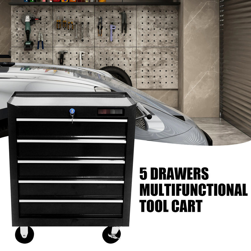 Rangement pour outils à 5 tiroirs avec fonction verrouillable et 4 roulettes, coffre à 5 tiroirs noir et roulettes pour l'organisation de l'espace