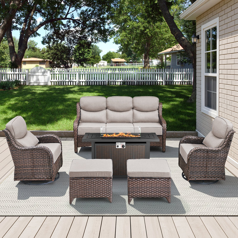 6-Piece Outdoor Wicker Sofa Conversation Set With Swivel Rockers And Fire Pit, Beige, Brown