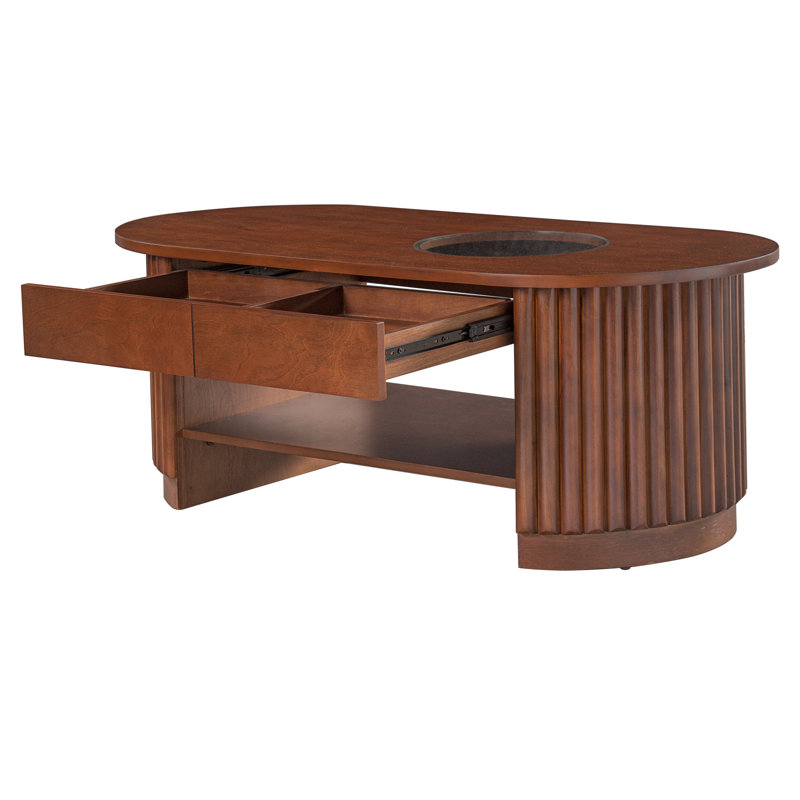 Table basse Mid-Century moderne ovale avec tiroirs, table basse avec rangement à 2 niveaux pour salon, Brun