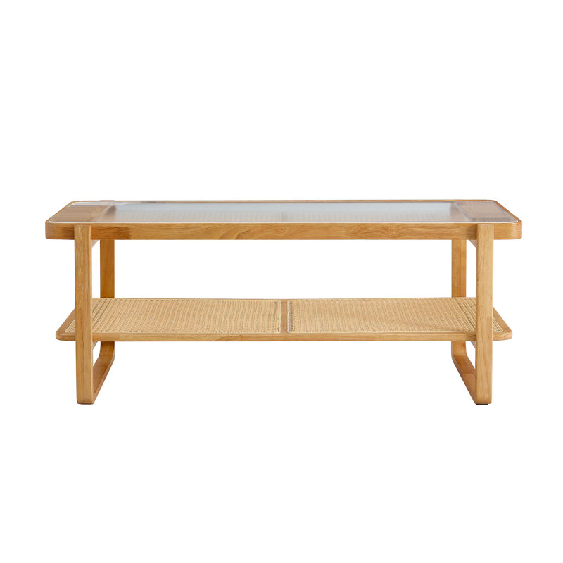 Table de bout rectangulaire moderne en bois massif à double couche en verre massif et table de bout en rotin tissé chinois Petite table rectangulaire convenant au salon, à la salle à manger et à la chambre à coucher
