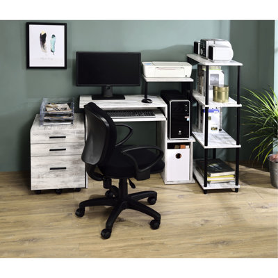 Bureau d'ordinateur blanc et noir antique avec tablette et plateau pour clavier, structure fonctionnelle et rangement de travail