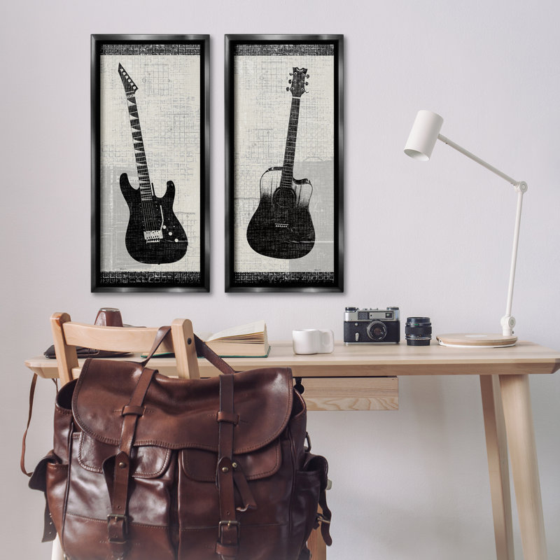 Guitare électrique et acoustique, ensemble de 2 toiles flottantes encadrées par Katrina Craven, Cadre flottant noir de jais