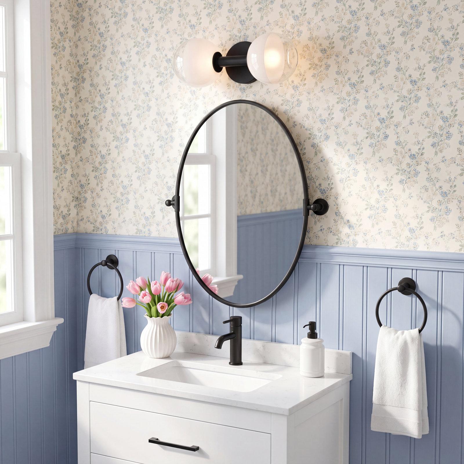 2-Light Glass Vanity Light, Aged Iron