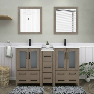 Ensemble de meuble-lavabo autoportant à double cuve 60 po avec plateau en céramique et miroirs assortis Brescia