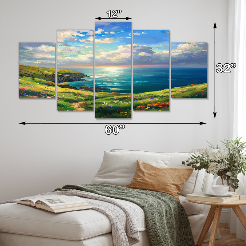 «Flowerful Mountain Path To Blue Ocean White Sky - River Mountain», ensemble d'art mural 5 pièces
