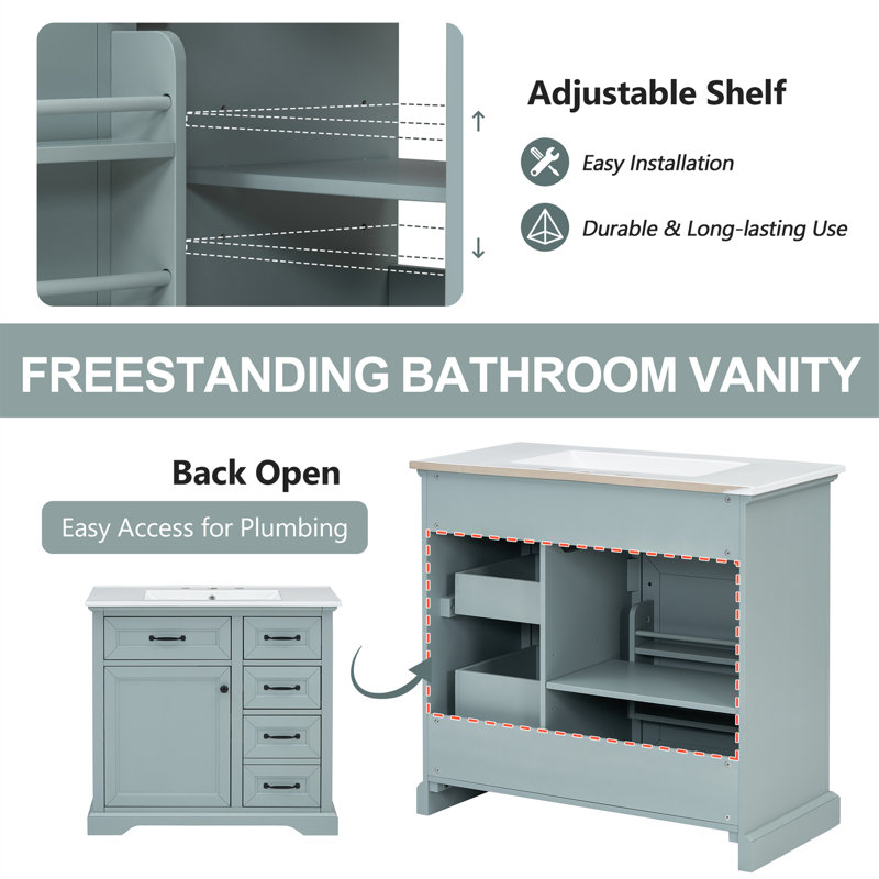 36"W Freestanding Bathroom Vanities With Ceramic Sink Top, Drawers And Internal Rack, Gray