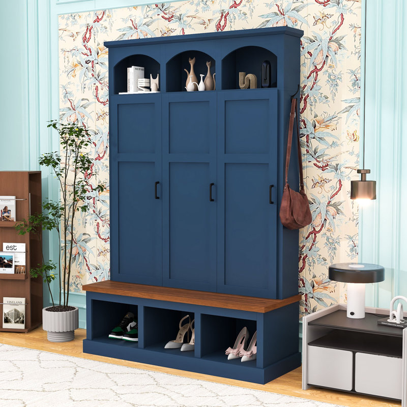 Hall Tree with Bench, 3 Hidden Cabinets and 5 Hooks, Blue
