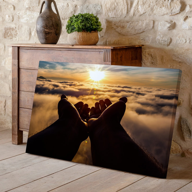 Toile, scène sereine de coucher de soleil avec deux mains levées dans un art mural, H 16 po x l 20 po