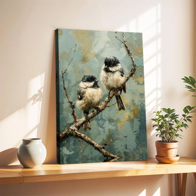 Chickadee Pair on Branch Canvas Wall Art, Serene Small Birds Wall Decor, Winter Nature Scene Bird Framed Poster Ready To Hang