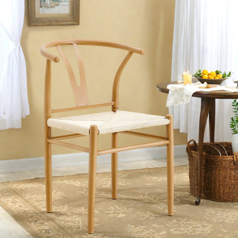 Ensemble de 4 chaises de salle à manger Wishbone, acier grain de bois, cuisine de campagne moderne