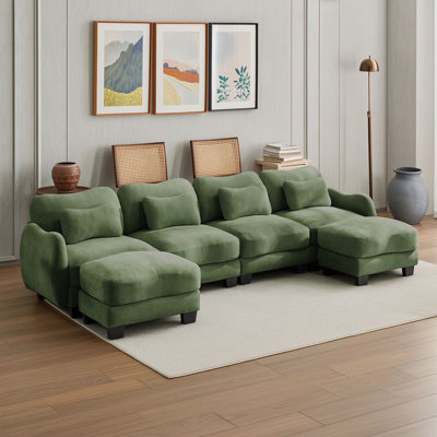 Canapé modulable 4 places en chenille en forme de U avec 2 poufs amovibles, 4 coussins lombaires et accoudoirs ergonomiques incurvés