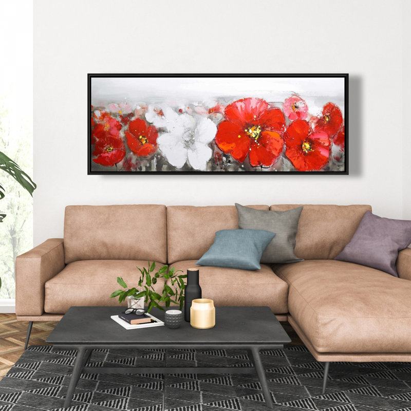 Champ gris avec fleurs rouges - décor de toile botanique encadré