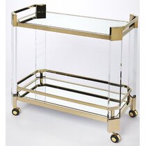 Treviso 19 Wide Black Glass and Gold Round Serving Bar Cart