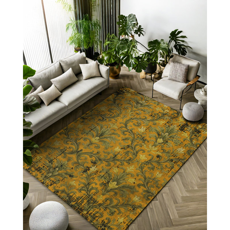 Colchique Collection Digital Print Cotton-Polyester Green Yellow Floral Rug, Runner 3'4" x 9'11"