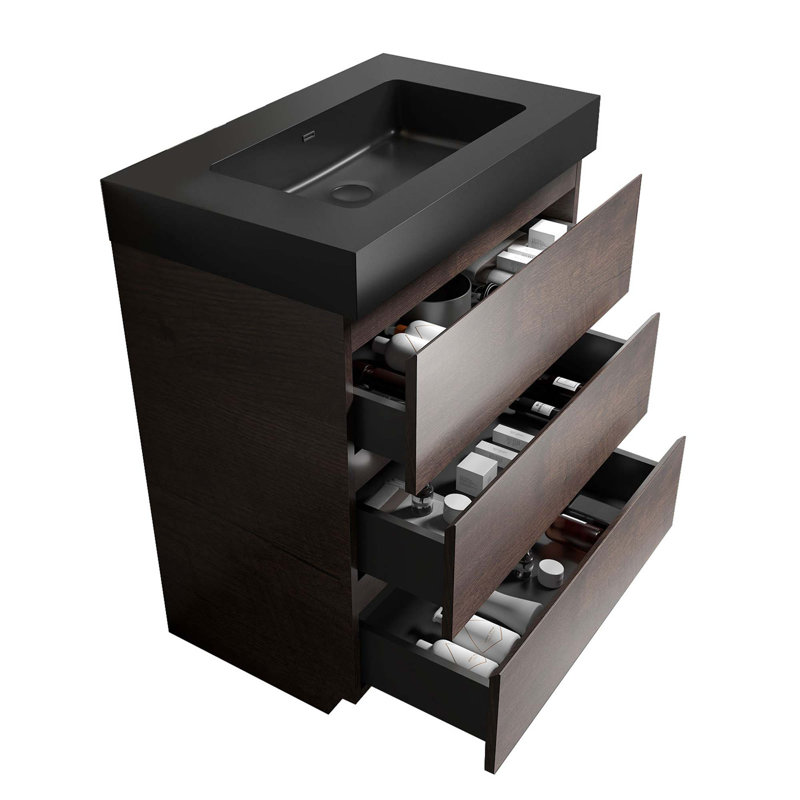 Meuble-lavabo autoportant moderne avec lavabo sans drain et robinet, Brun, Noir, noir, noir, noir