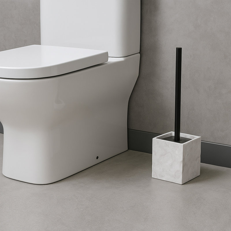 Ensemble de brosse de toilette carrée et porte-pierre effet pierre, Blanc