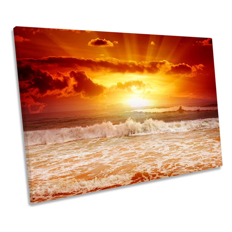Orange Sunset Beach Seascape - Wrapped Canvas Print, 40.6cm H x 61cm W x 2cm D