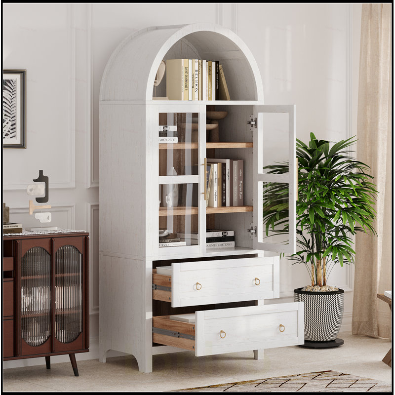Tall Arched Kitchen Pantry Cabinet with 2 Large Drawers, Modern Farmhouse Style, Adjustable Shelves, Glass Door, Versatile Wood Cupboard for Kitchens and Dining Rooms