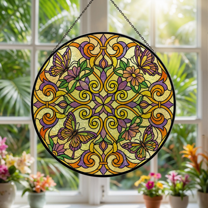Vitrail de vitrail papillon 7,8 po, 7.8" H x 7.8" W